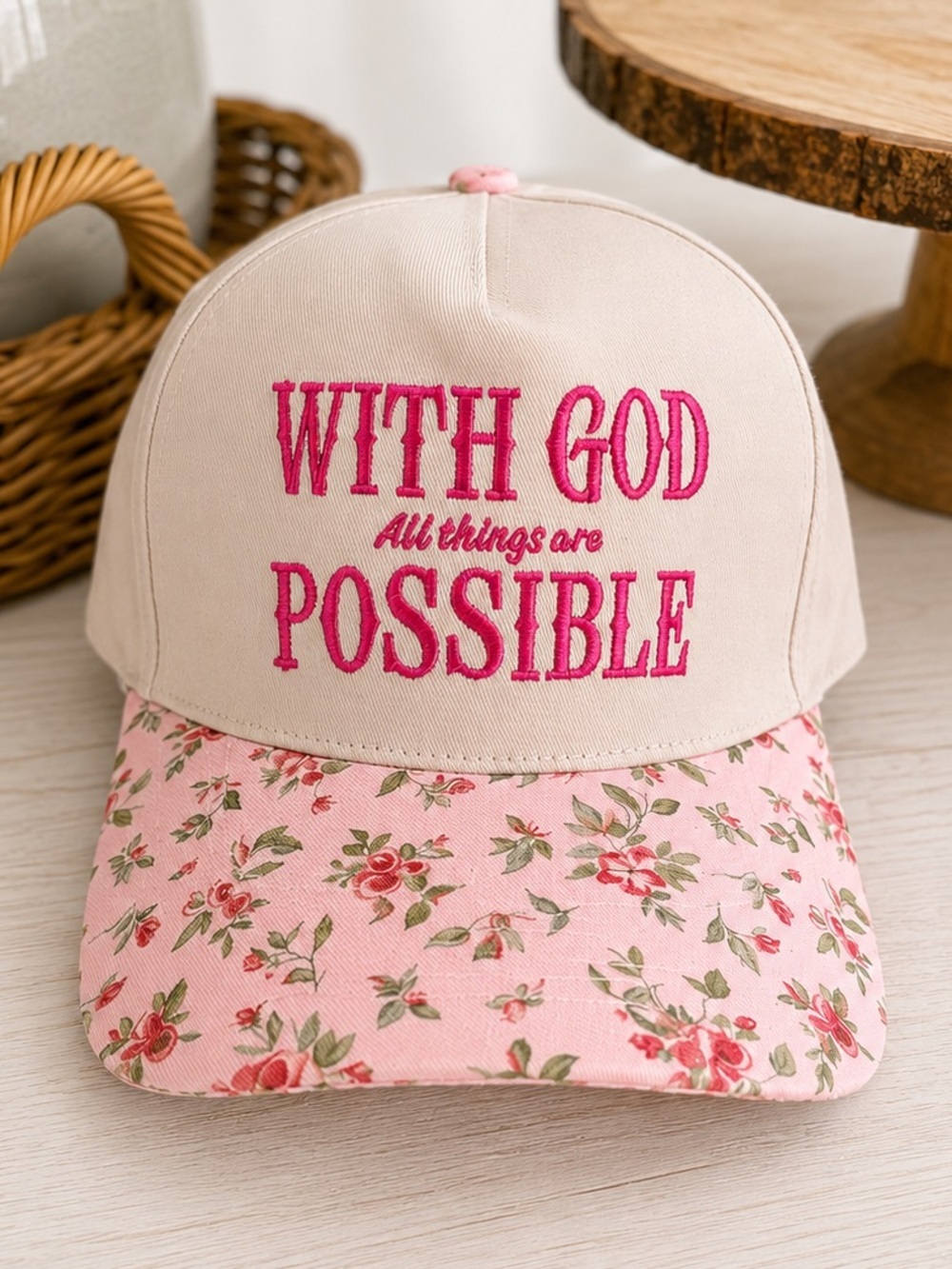 New Zenana Women’s Hat 'With God Possible' Baseball Cap Pink Floral & Beige